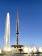 foamy high fountain near tv tower at sky, brazil, brasilia