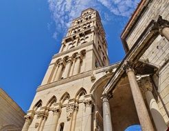 bell tower of Cathedral of St. Domnius near ancient roman Diocletian's Palace at sky, croatia, split