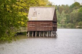 wooden stilt building with walk path on water at forested coast