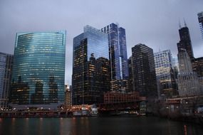 skyscrapers on waterfront at dusk, usa, illinois, chicago