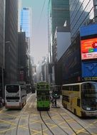 doubledecker trams and buses on street among skyscrapers, china, hong kong