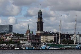 landungsbr&uuml;cken hamburg michel elbe germany ferry port city