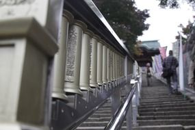 balustrade at stepway to temple building, japan, iwakuni