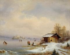 people skating at coast in countryside, painting by marko pernhart