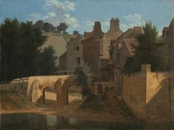 medieval town at water, painting by jean victor bertin
