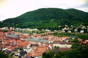 top view of town with old bridge across neckar river, germany, heidelberg