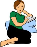 woman reading book on pillow, illustration