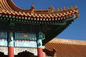 ornate roof of temple in forbidden city, detail, china, beijing