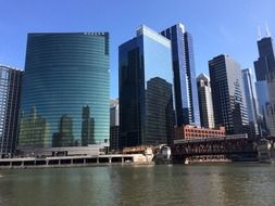 glass skyscrapers in downtown at river, usa, illinois, chicago