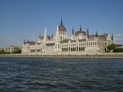 eclectic parliament building on danube river embankment, hungary, budapest