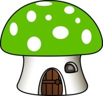 cartoon mushroom house with green and white dot roof on white background