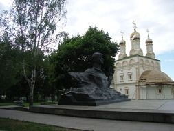 monument to Emenin on the background of the cathedral in Ryazan