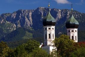 onion domes of church at mountains, germany, bavaria