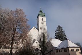 old church in town at winter