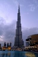 burj kalifa skyscraper at evening sky in city, uae, dubai