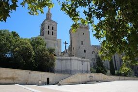 View from behind the trees on the palais des papes in Avignon