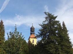 steeple among green trees at blue sky