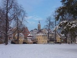 old city behind trees at winter, germany, esslingen