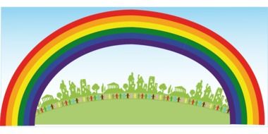 colorful people at city under rainbow, illustration