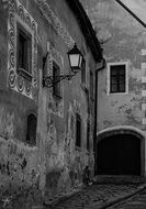 Black and white image of the historic streets of Bratislava