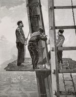 construction workers on eiffel tower above paris, vintage drawing