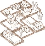medieval village, top view, illustration