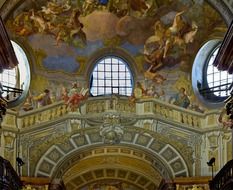 balcony of scientists, aged painting on wall in national library, austria, vienna