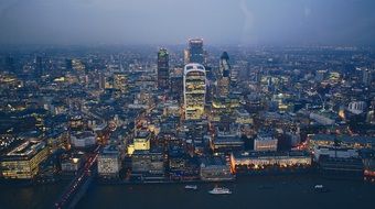 downtown in dusk, panoramic view from the shard, uk, england, london