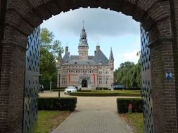 view through the arch of the picturesque castle