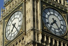 antique clocks of big ben tower close up, uk, england, london