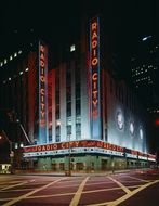 radio city music hall at night, usa, manhattan, nyc