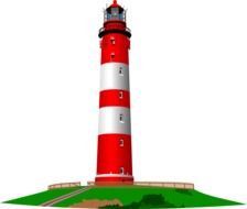 red and white lighthouse on hill, illustration
