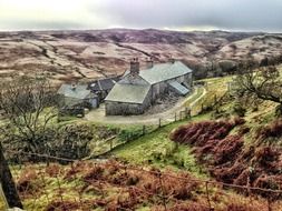 sleddale hall, top view of old farmhouse in valley, uk, england