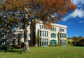 beautiful ames mansion in park at fall, usa, massachusetts, easton