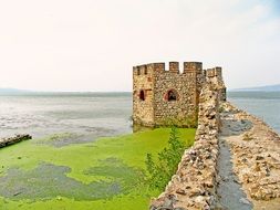 landscape of tower of medieval fortress on danube river in serbia, golubac