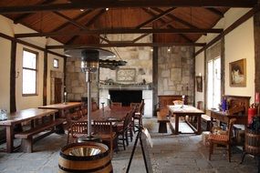 wooden furniture in rustic interior of dining room