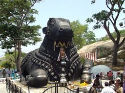 nandi, aged sculpture of bull at hindu temple, india, karnataka, mysore