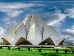 Bahá'í House of Worship, lotus temple on lawn at scenic sky, india, new delhi