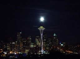 full moon above space needle, night cityscape, usa, washington, seattle