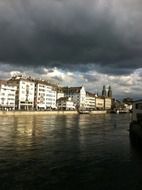 scenery stormy clouds above old city at lake, swizerland, zurich
