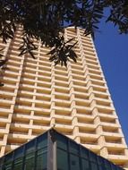 yellow facade of modern high-rise building at blue sky