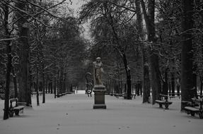 statue in the middle of the park in winter paris