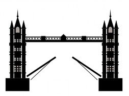 Black and white drawing of tower bridge in London on white background