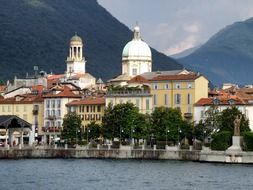 architecture of the buildings on the background of mountains in Verbania, Italy