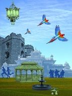 fantasy landscape with parrops in sky above castle