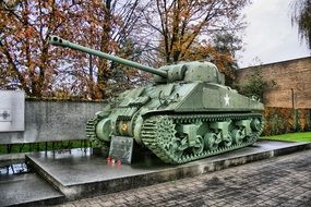 Sherman Firefly, tank of polish army, monument in park at fall