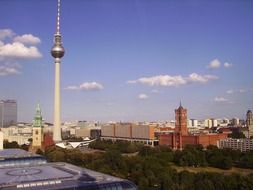 tv tower in city at summer, roof view, germany, berlin