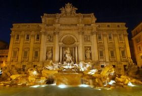 illuminated Trevi Fountain at night, italy, rome