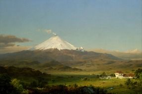 Cotopaxi, volcano in scenic rural landscape, painting by frederic church