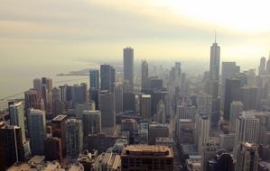 city on riverside in morning mist, usa, illinois, chicago